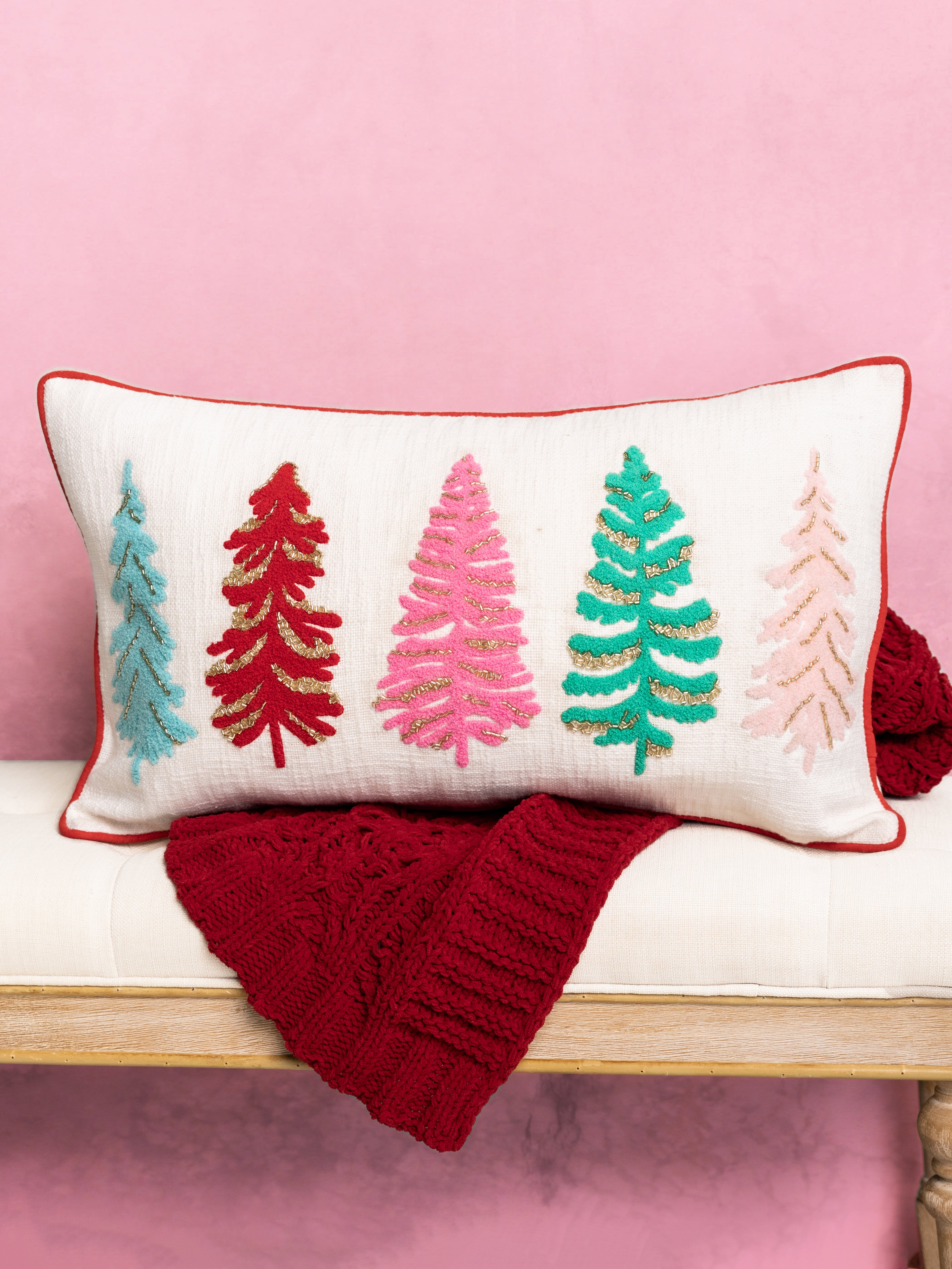 Square Pillow with Tree Embroidery