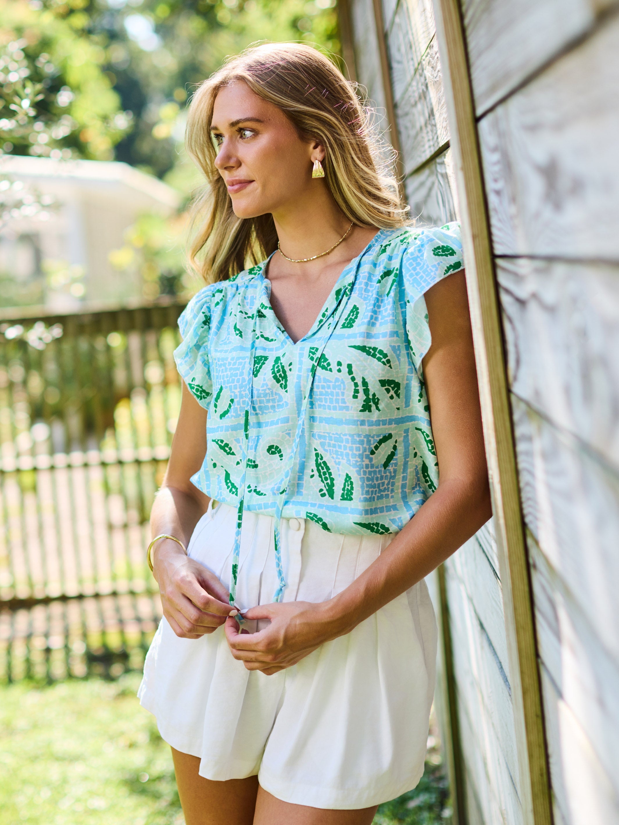 Lydia Top | Trellis Tiles Blue – Mary Square