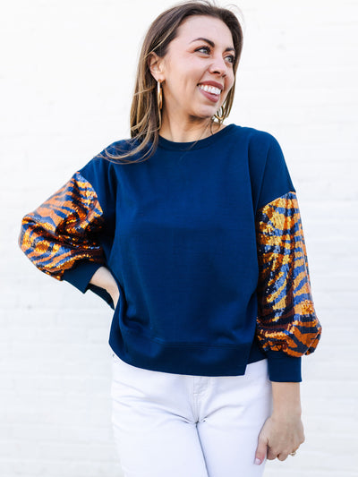 Millie Sweatshirt | Tiger Stripe Navy + Orange