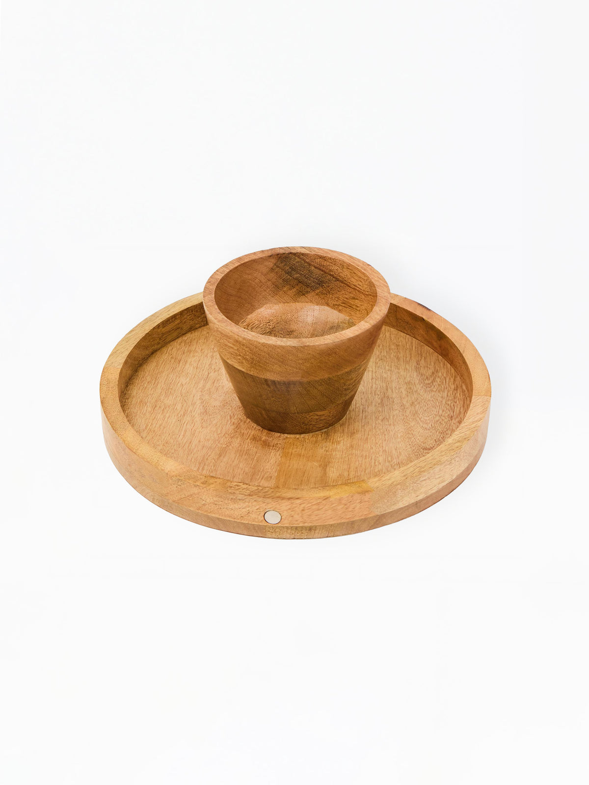 A small round wooden holder placed in the center of a larger matching wooden tray, photographed on a clean white background.