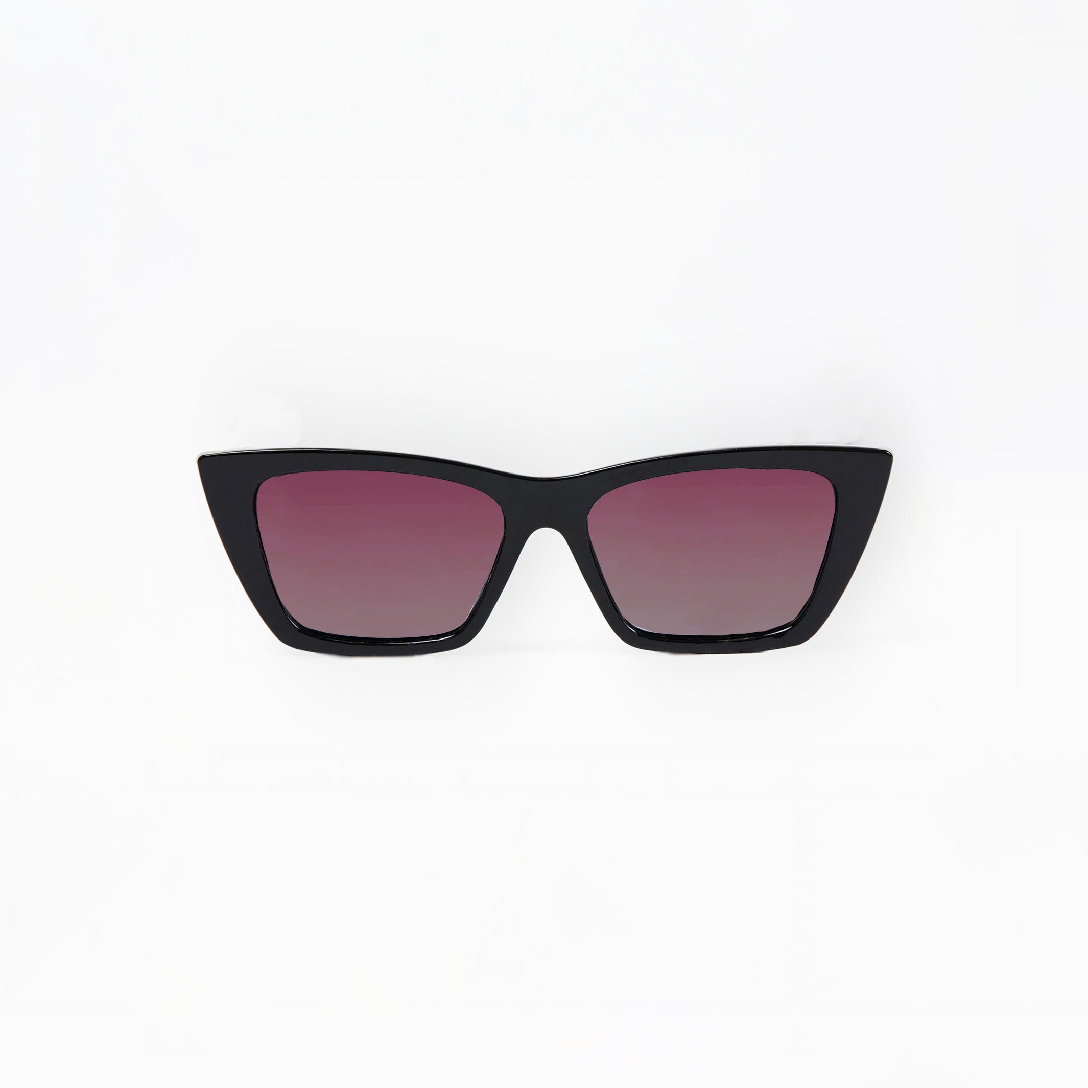 Black cat-eye sunglasses with red-tinted lenses on a white background