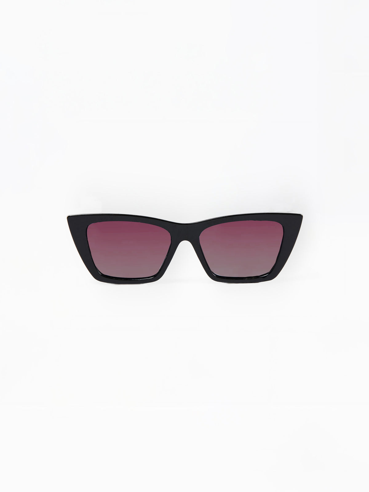 Black cat-eye sunglasses with red-tinted lenses on a white background