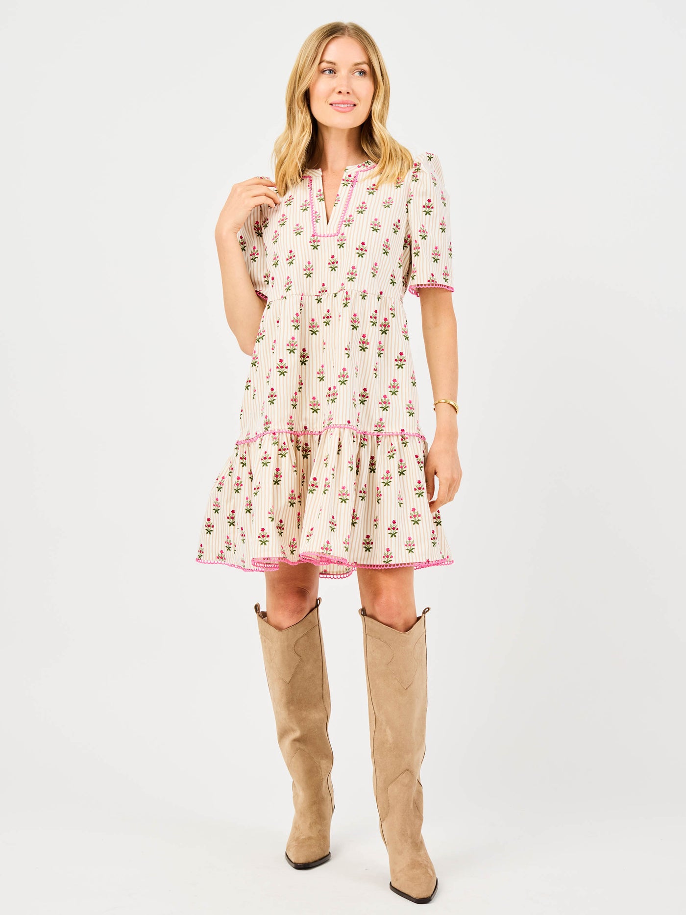 Woman wearing a floral dress featuring puff sleeves, pink trim on a white background