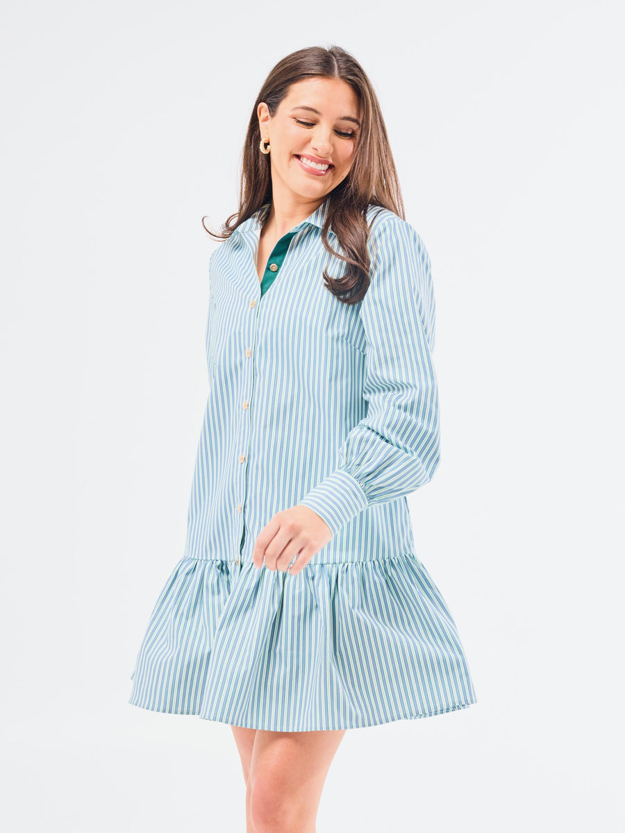 slim fit dress slacks Fiona Dress | Simple Stripe Blue + Green | S | Trendy Dresses for Women