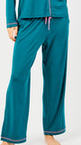 Teal pajama set with pink accents on a white background