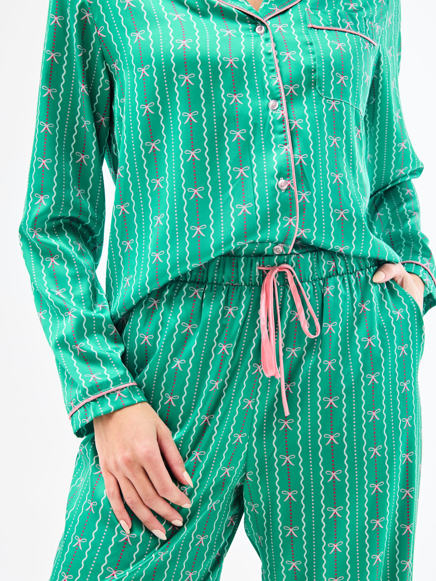 Women's Charlotte Satin Pants Set | In a Bow Green