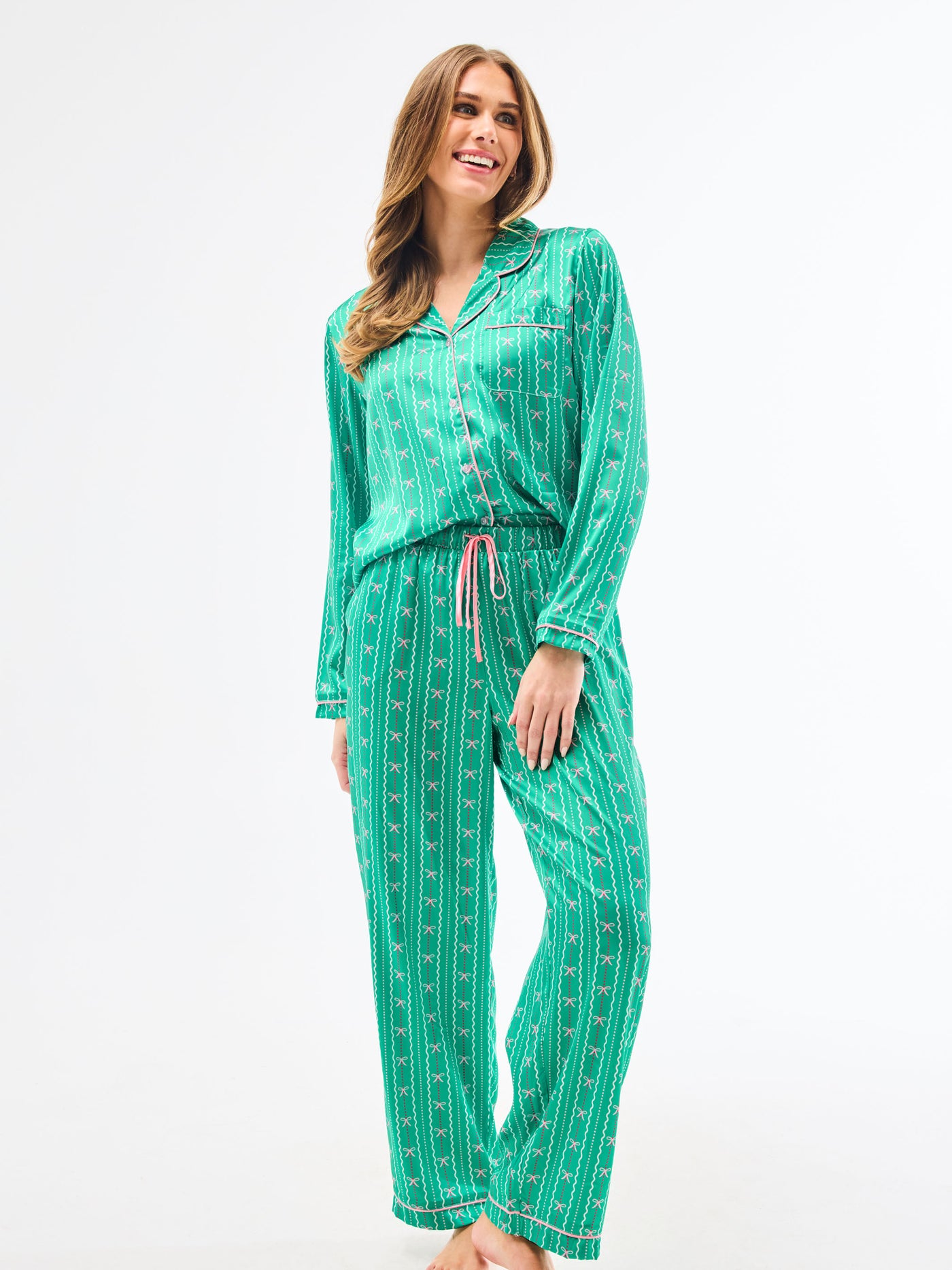 Women's Charlotte Satin Pants Set | In a Bow Green