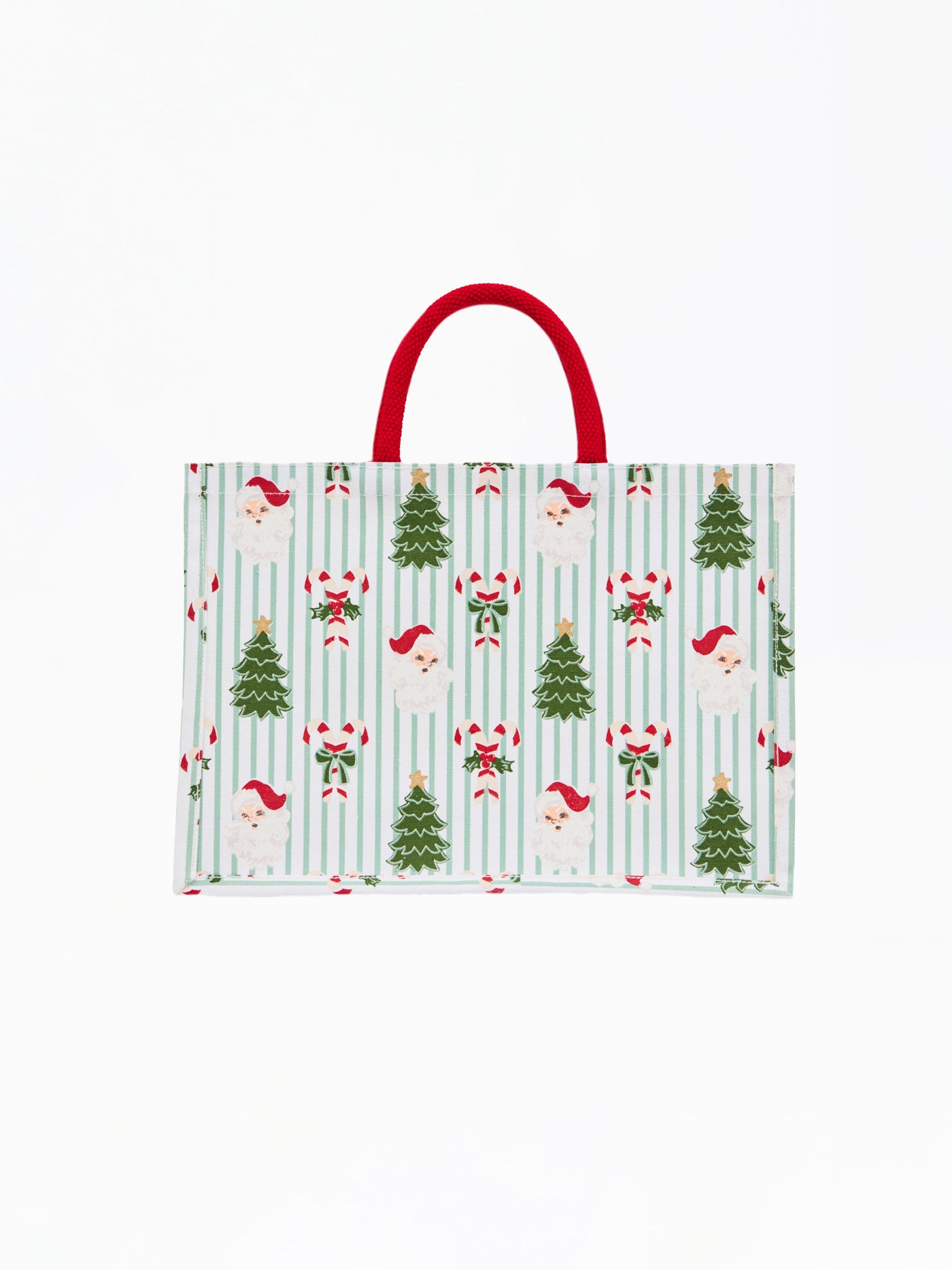 Christmas-themed gift bag with Santa Claus and trees on a striped background
