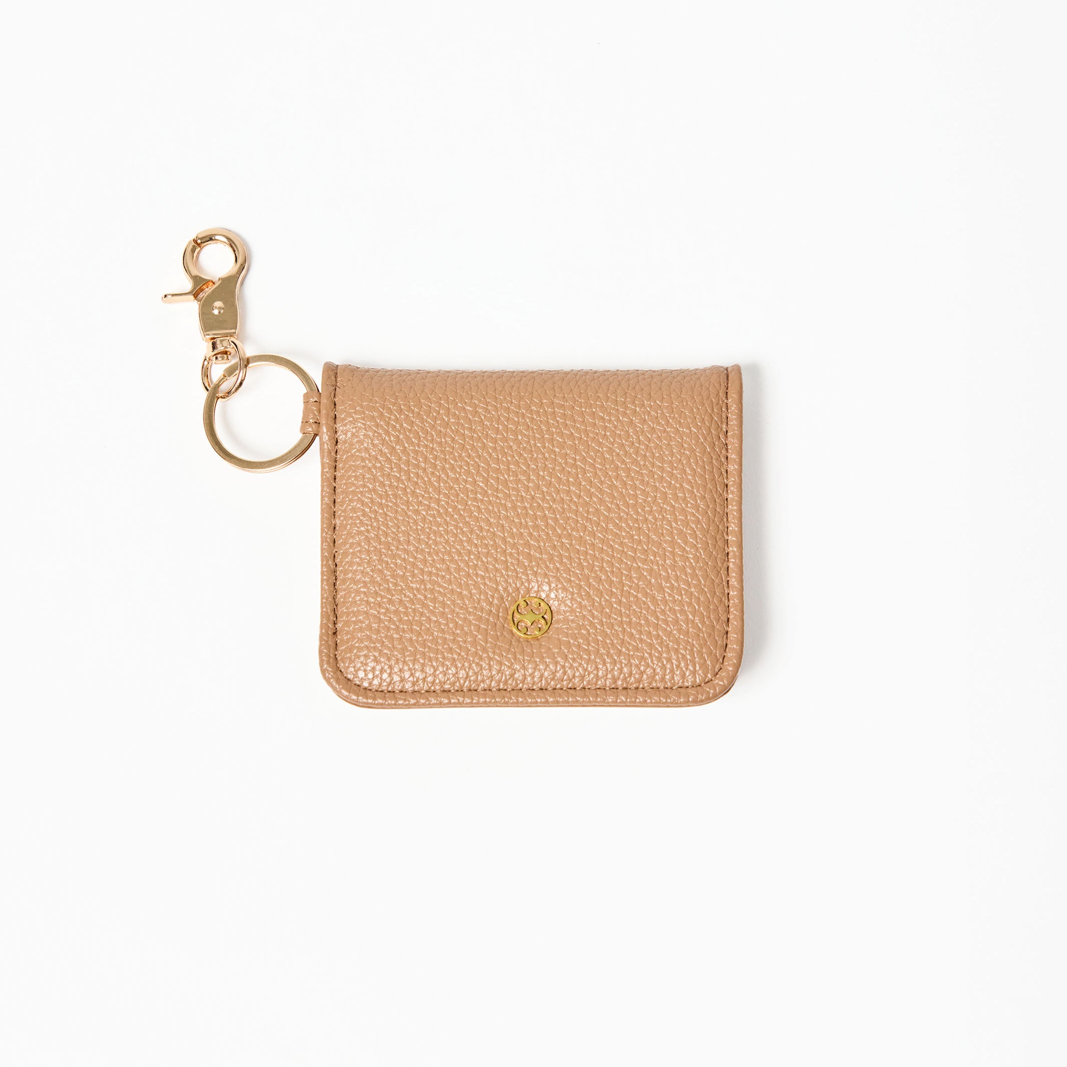 Beige leather cardholder with gold clasp on a white background