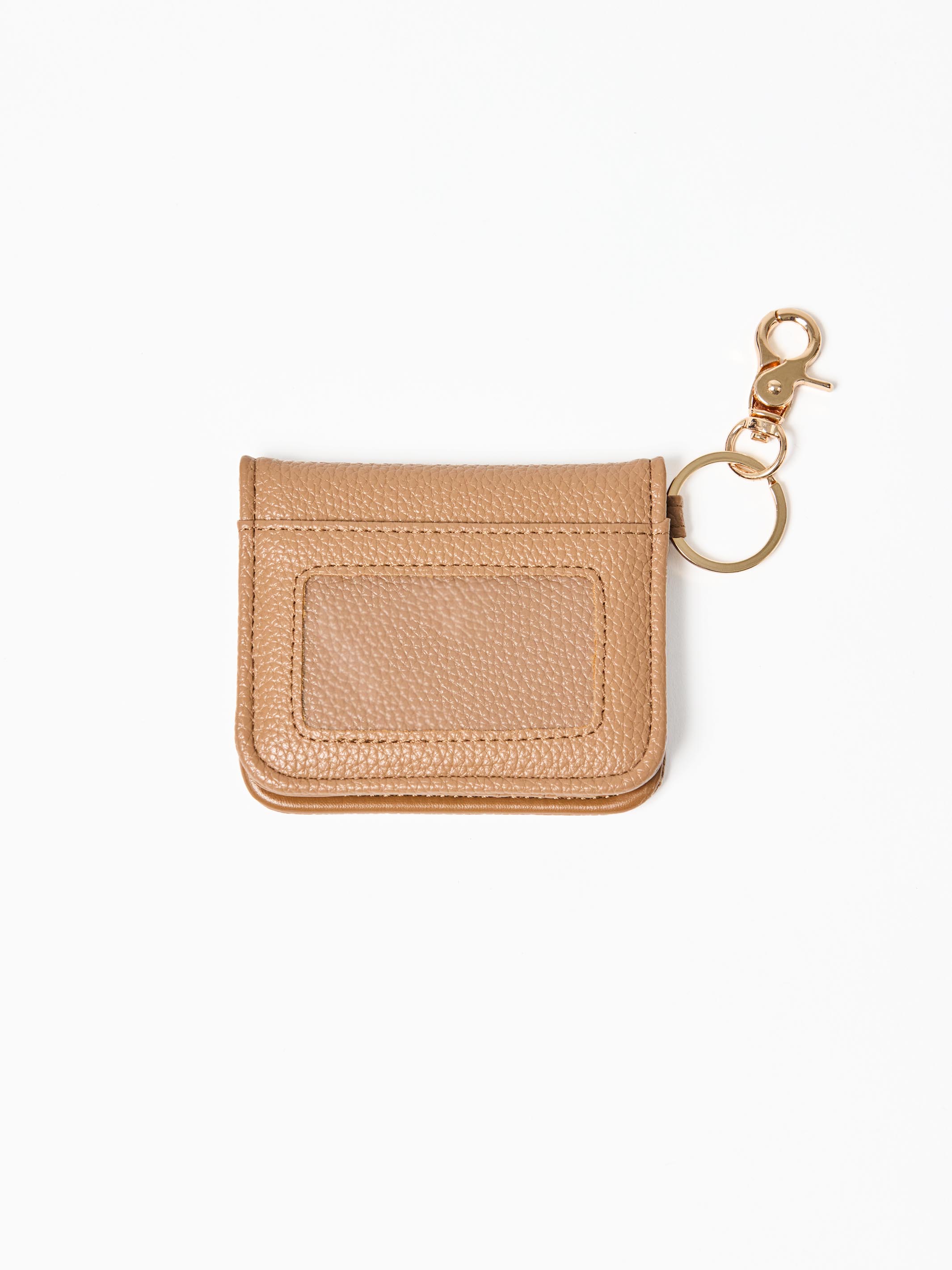 Beige cardholder with keychain on a white background