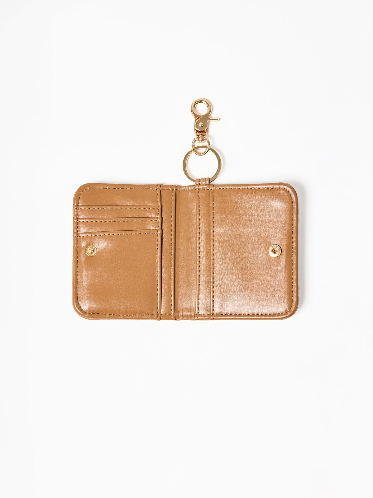 Tan wallet with keychain on a white background