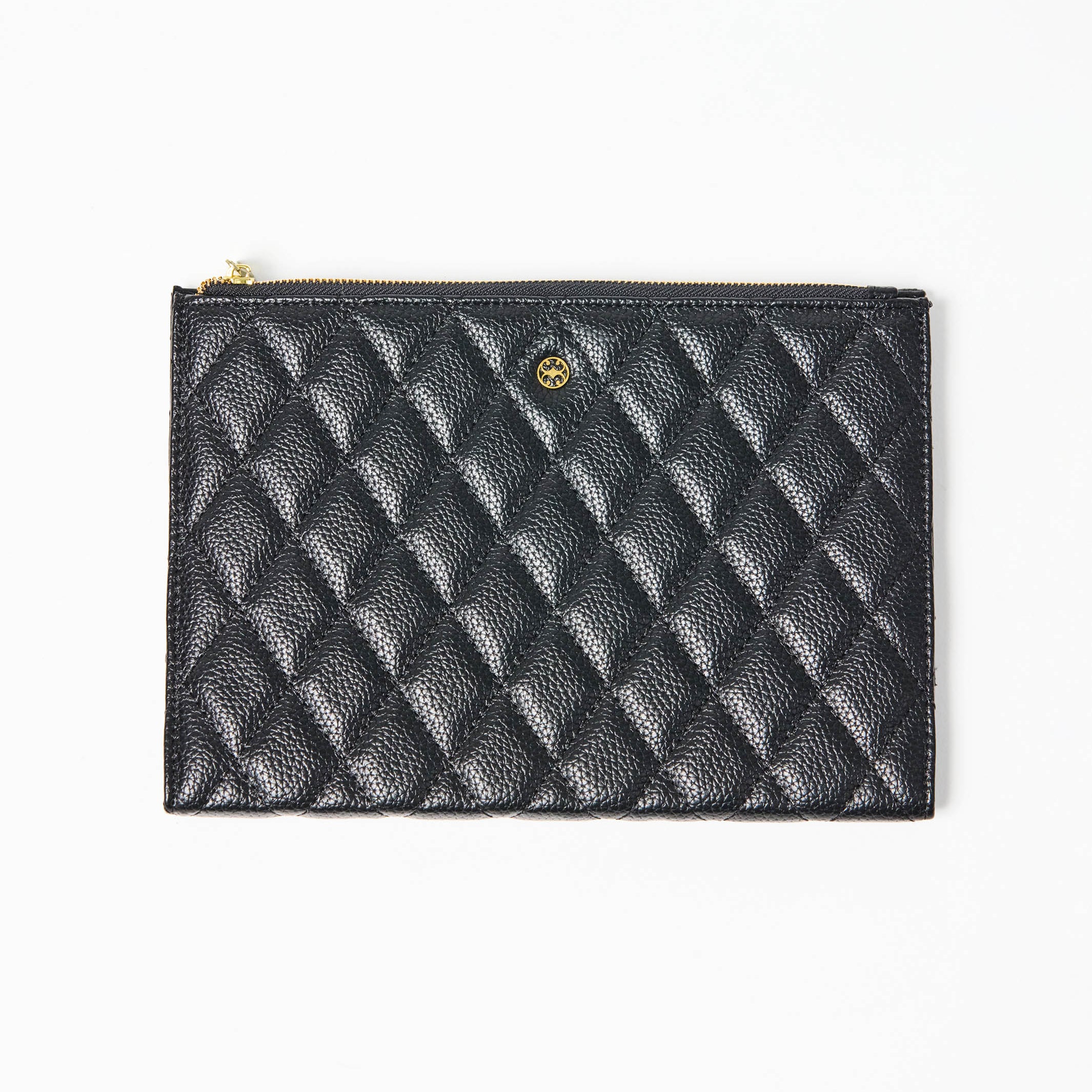 Black quilted pouch with gold zipper on a white background