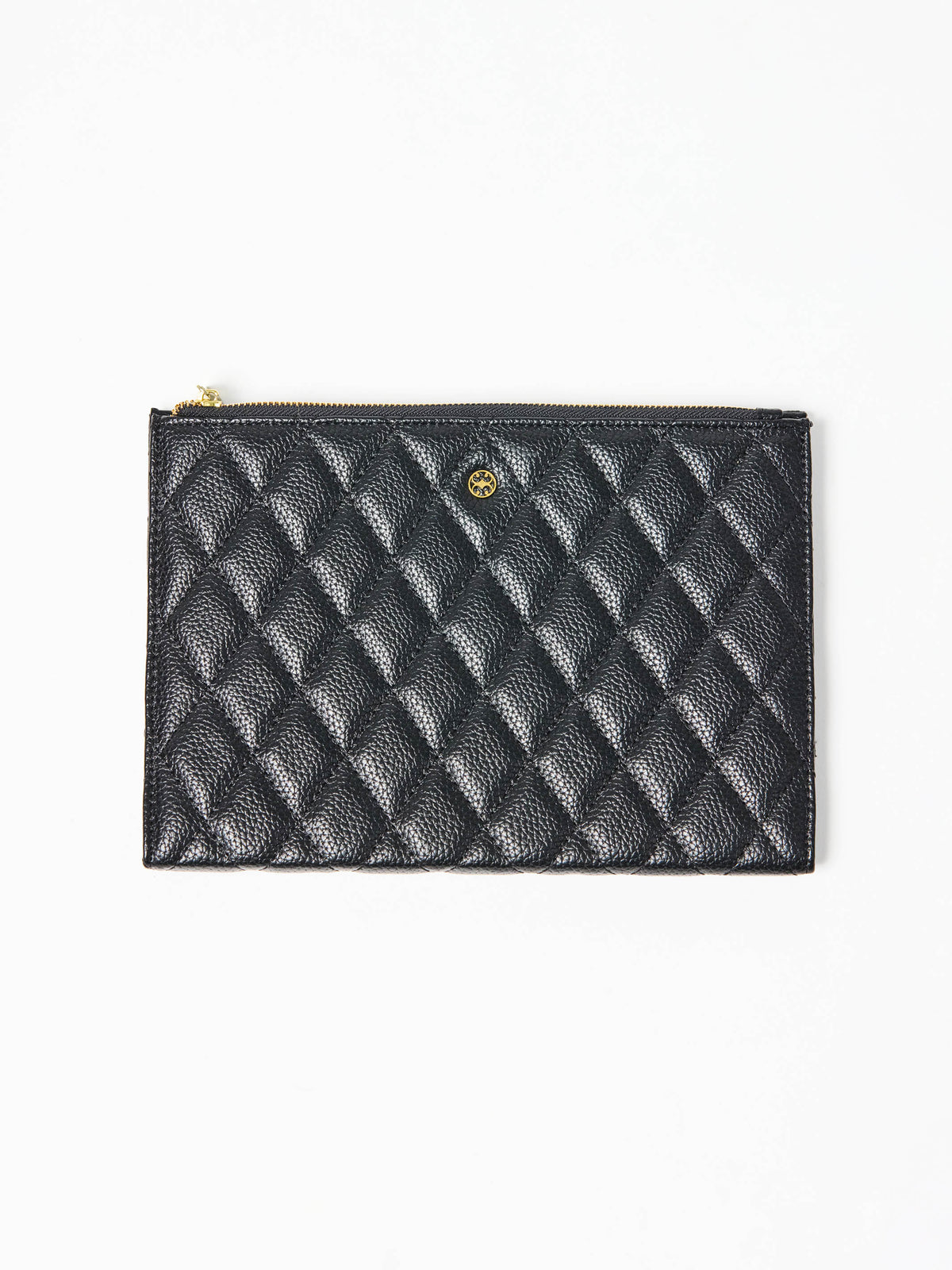 Black quilted pouch with gold zipper on a white background