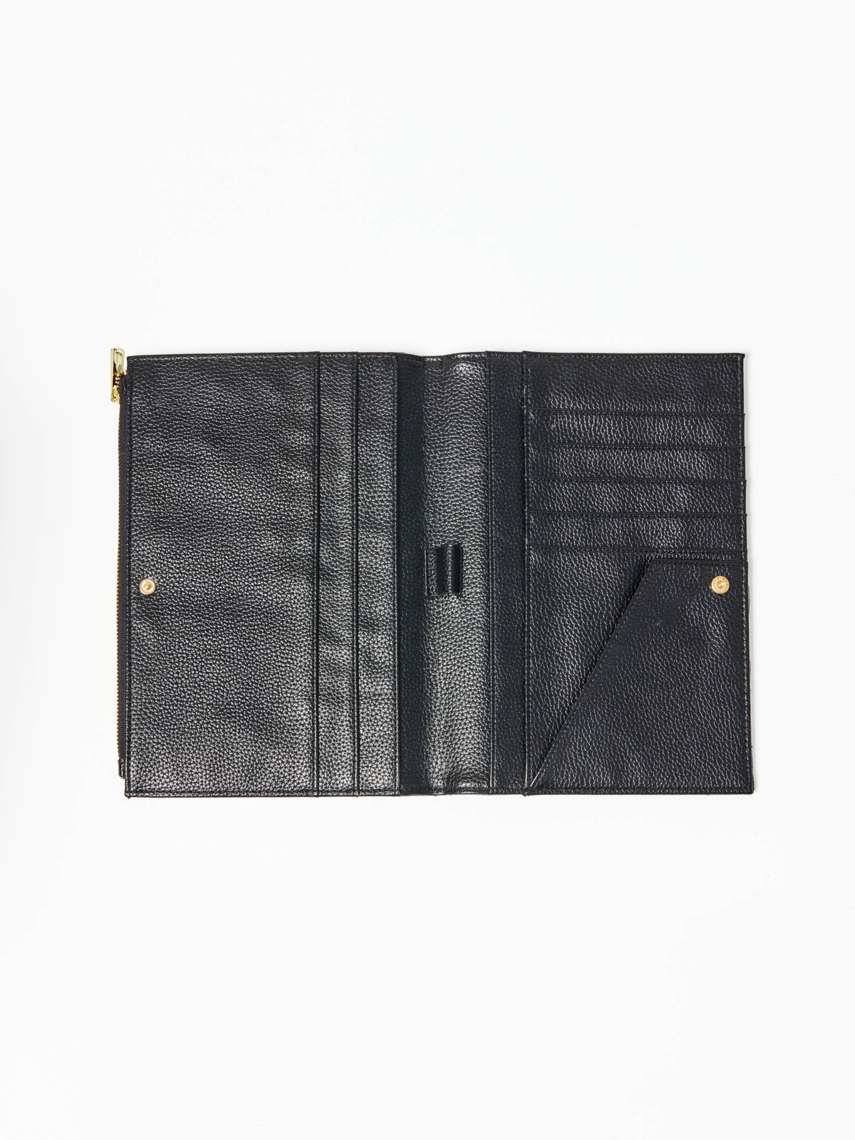 Black leather wallet open on a white background