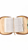 Open book inside a transparent yellow case on a white background