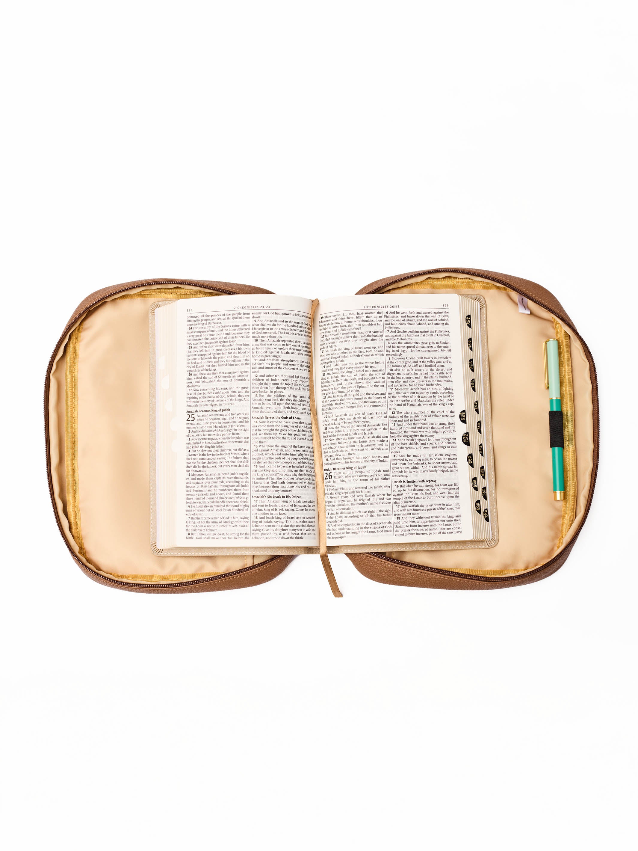 Open book inside a transparent yellow case on a white background