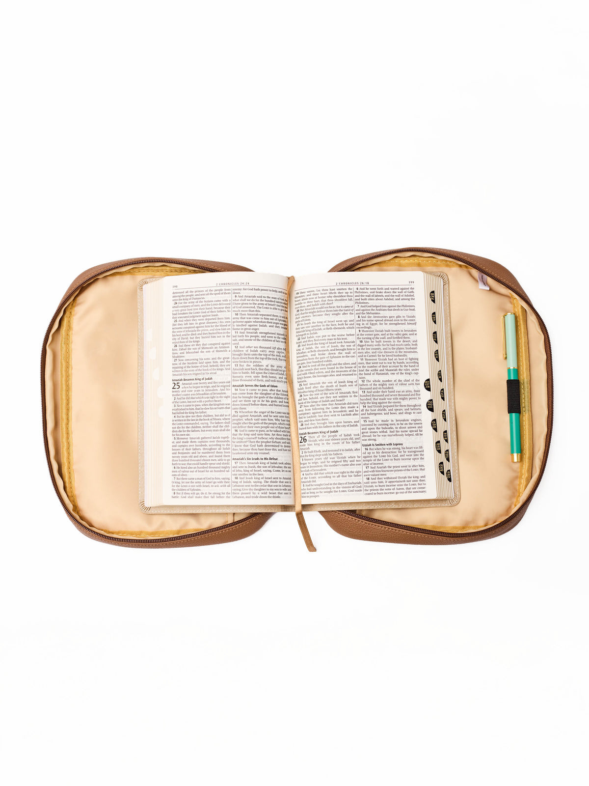 Open book inside a transparent yellow case on a white background