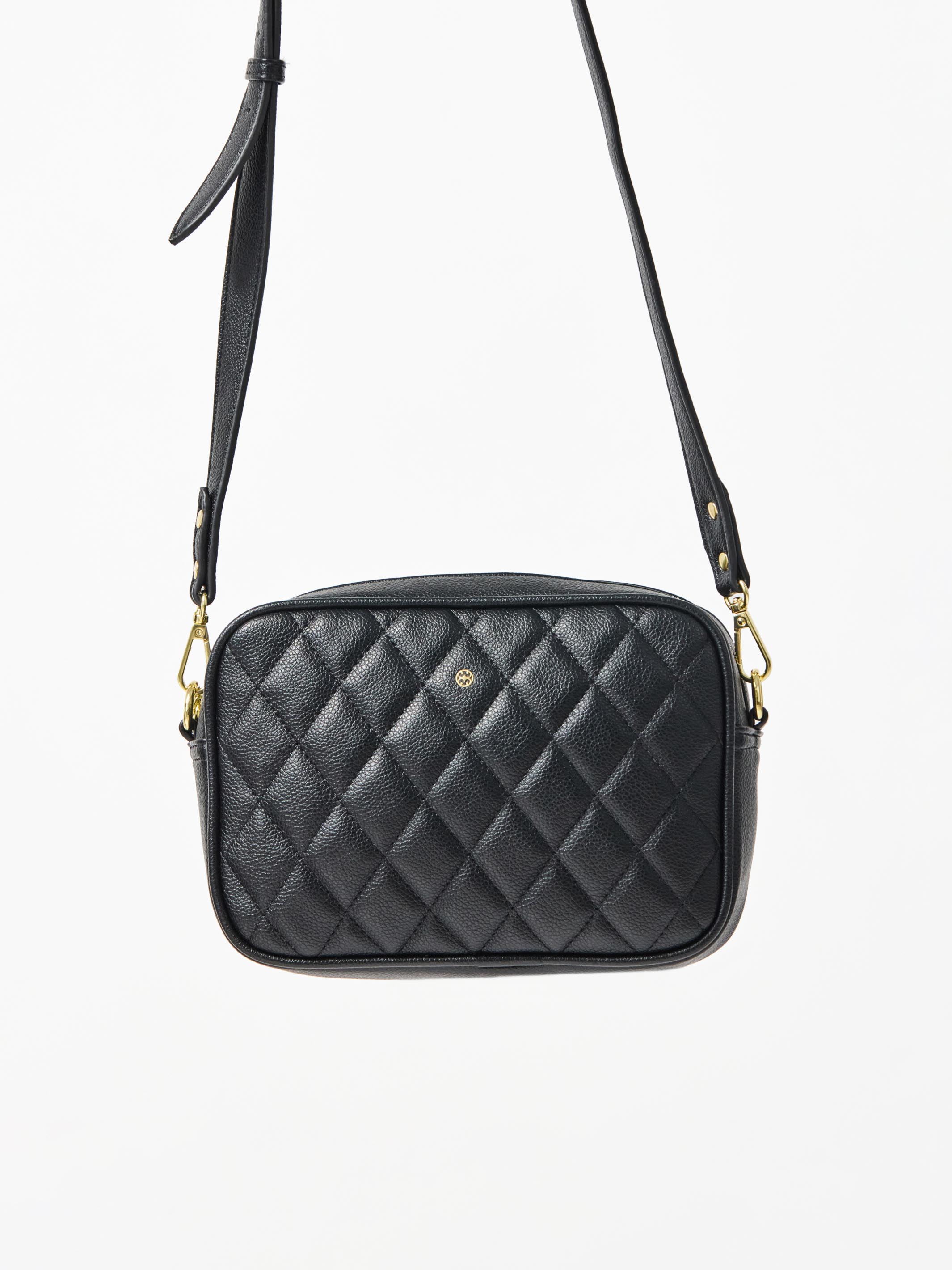 Black quilted crossbody bag on a white background