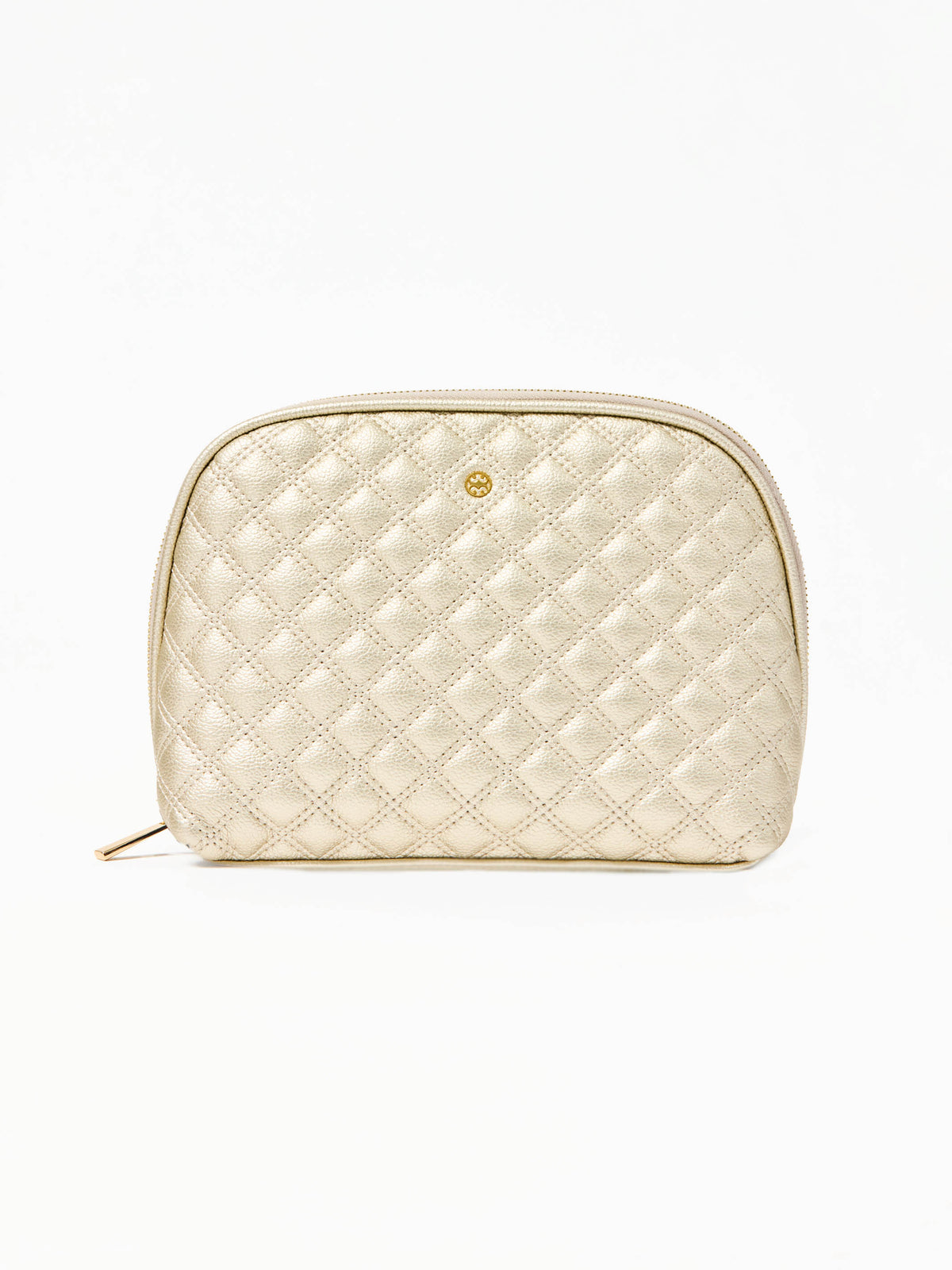 Quilted champagne colored cosmetic bag on a white background