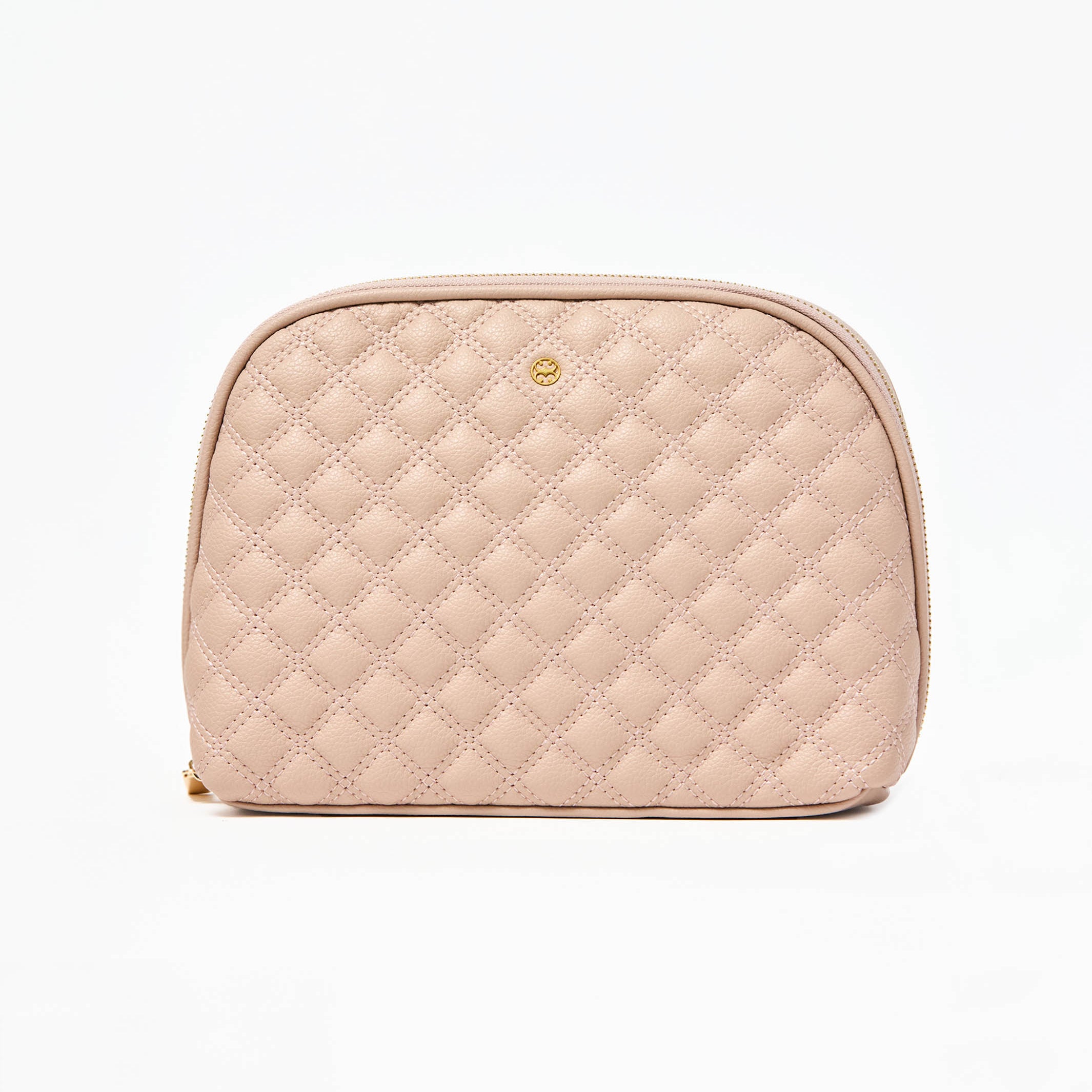 Quilted beige cosmetic bag on a white background