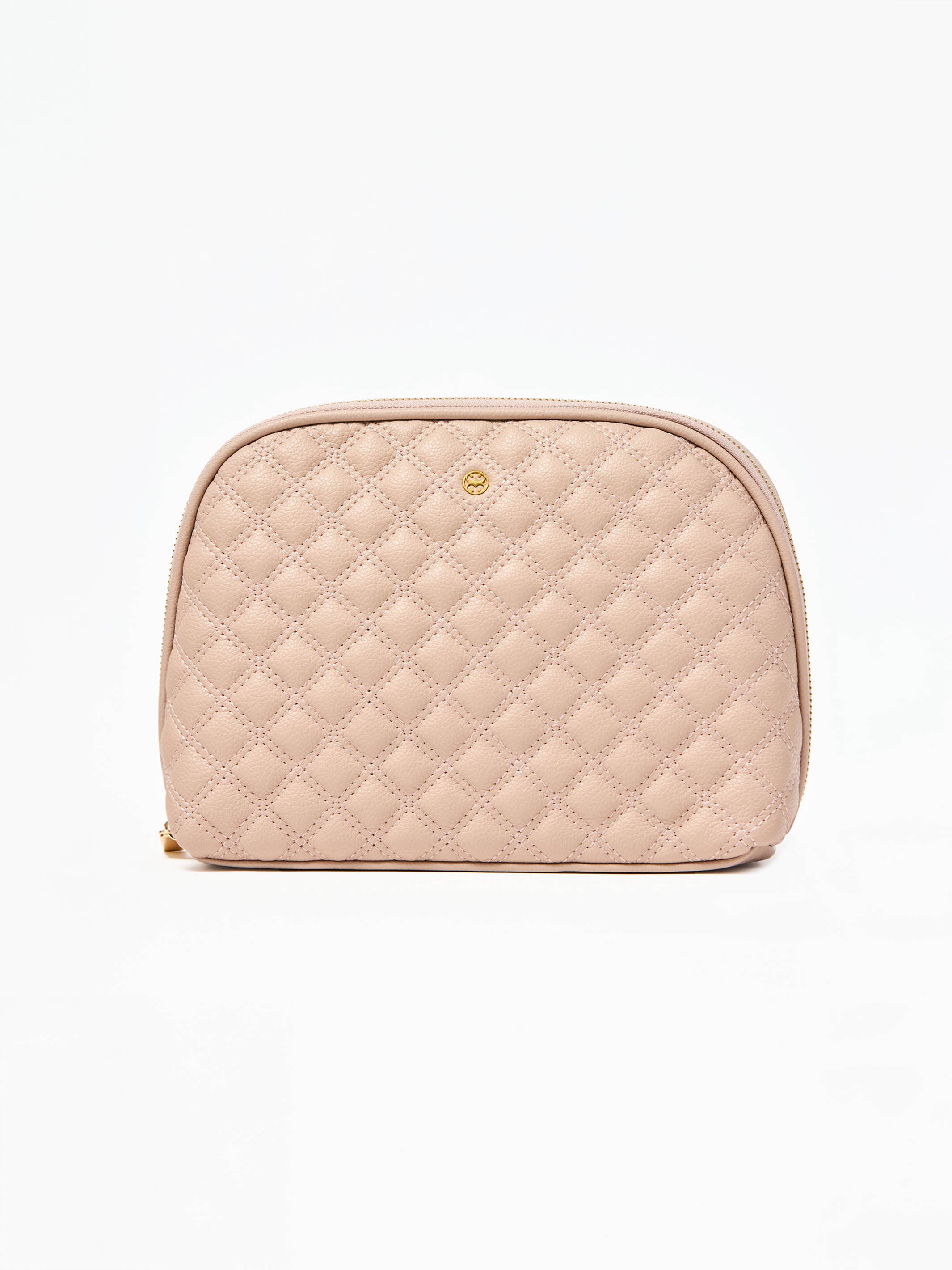 Quilted beige cosmetic bag on a white background