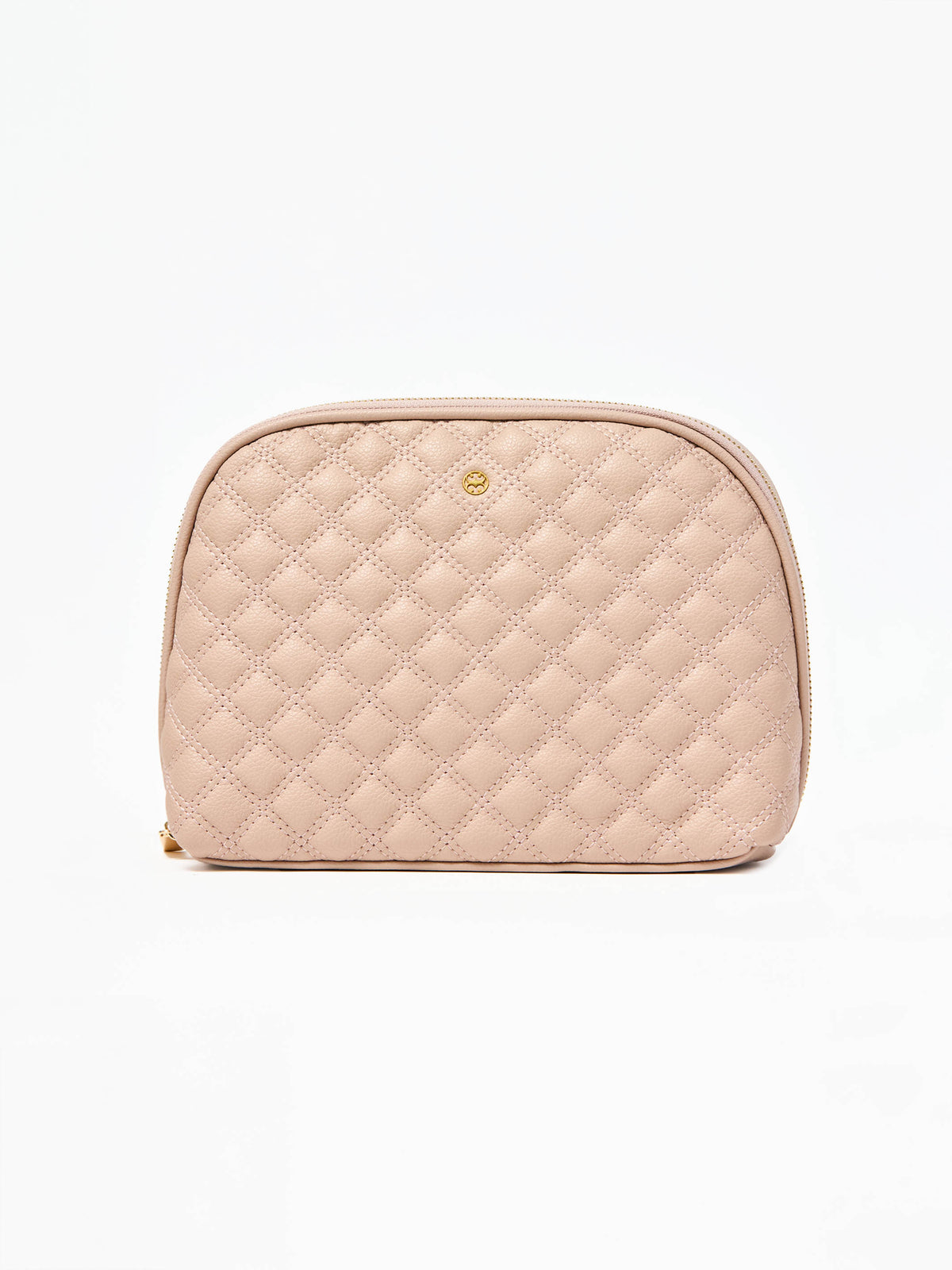 Quilted beige cosmetic bag on a white background