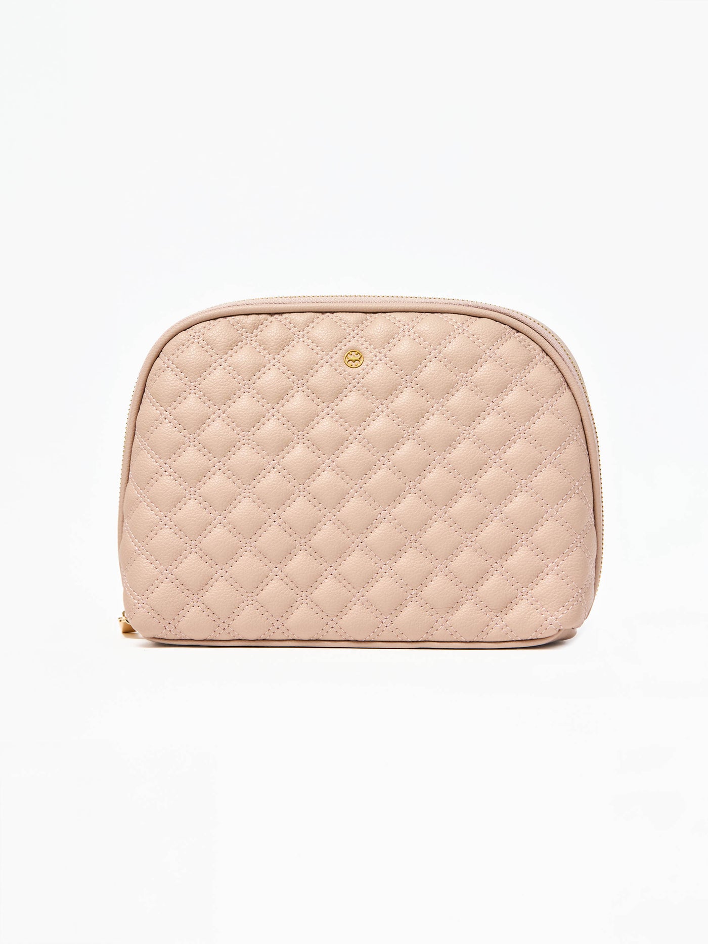 Quilted beige cosmetic bag on a white background