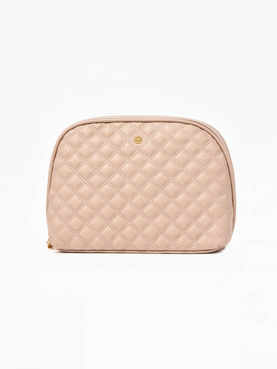 Quilted beige cosmetic bag on a white background