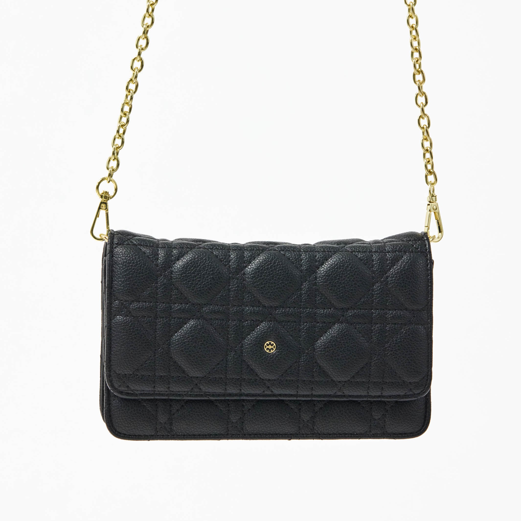 Black quilted handbag with gold chain strap on a white background