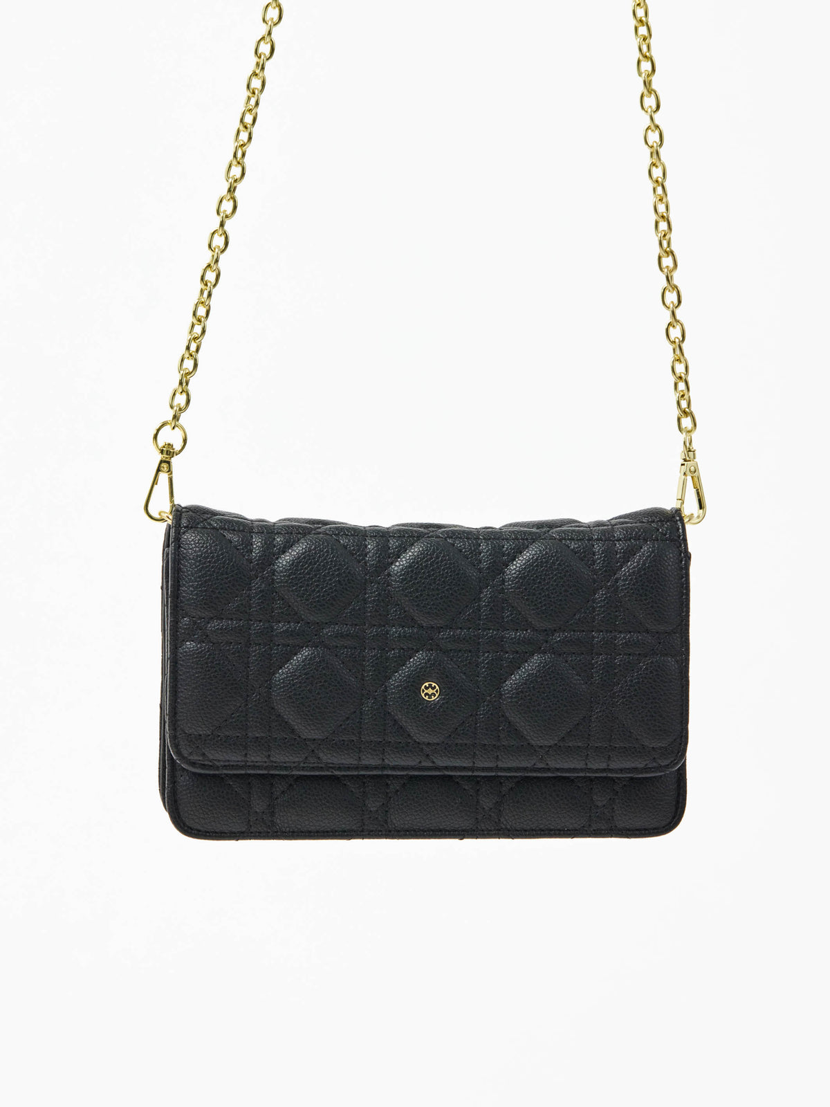 Black quilted handbag with gold chain strap on a white background