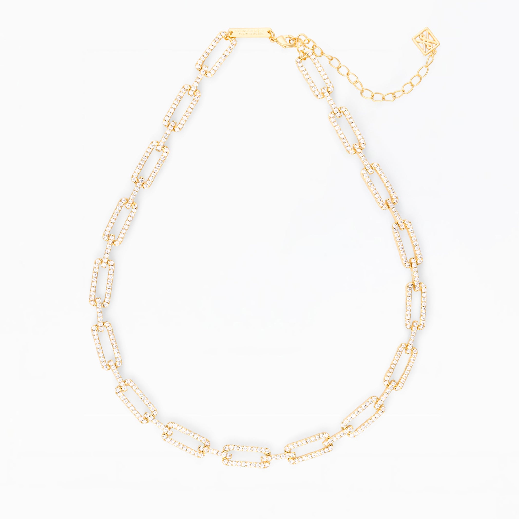 Gold necklace with rhinestone details on a white background