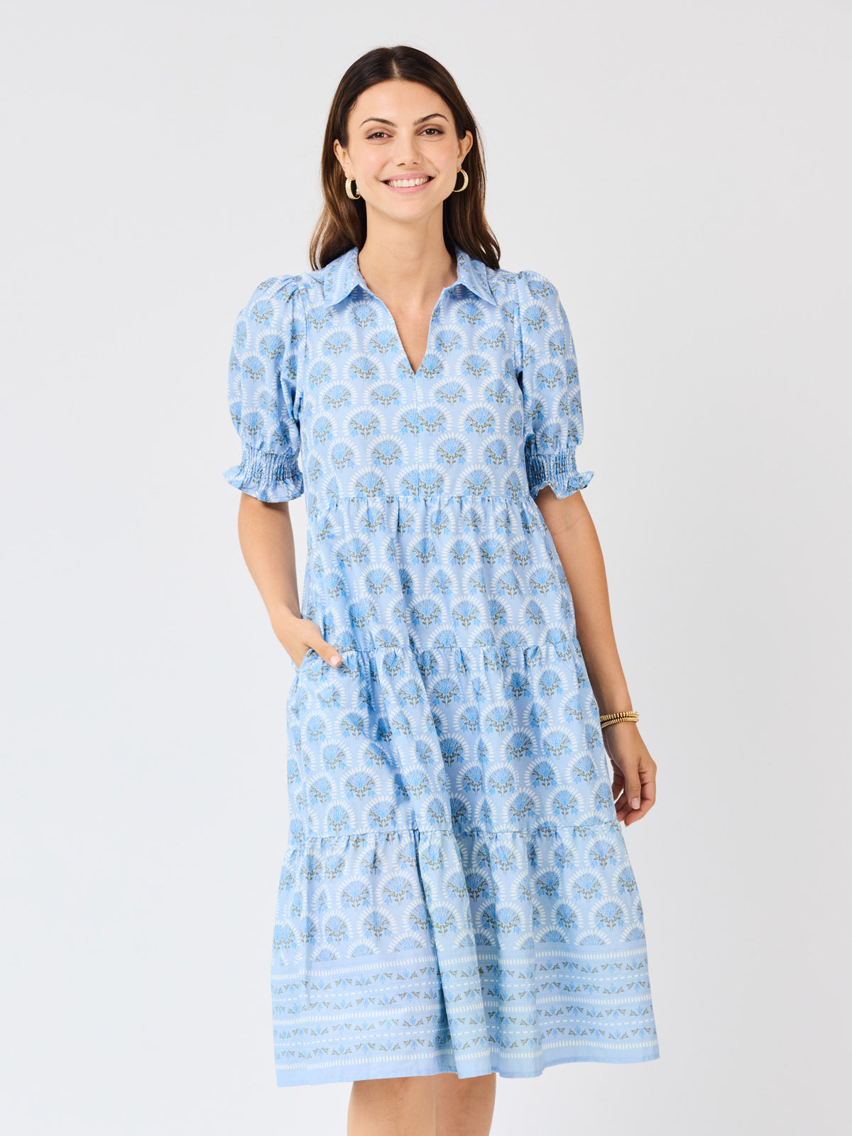 light blue pattern dress Mary Square Molly in Sunshower Flora XS and the length is [color:black]color_family:black--8649458090241 A-Line Wedding Dresses for Color:Royal-Blue