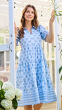 Woman wearing a blue patterned dress standing in a bright room with plants and flowers.