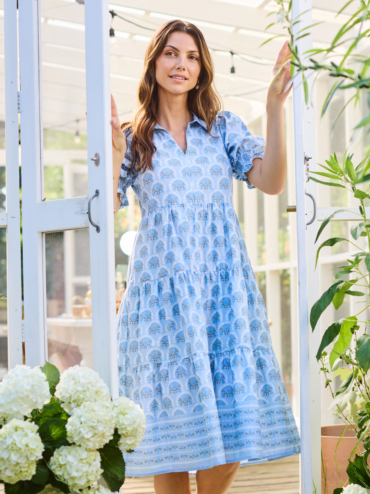 blue flower pattern dress Mary Square Molly in Sunshower Flora XS Featuring graceful half sleeves MD_9.26 Dress blues one last Color:Avocado Cream
