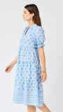 Woman wearing a blue patterned dress on a white background
