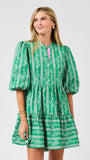 Woman wearing a green patterned dress on a light gray background