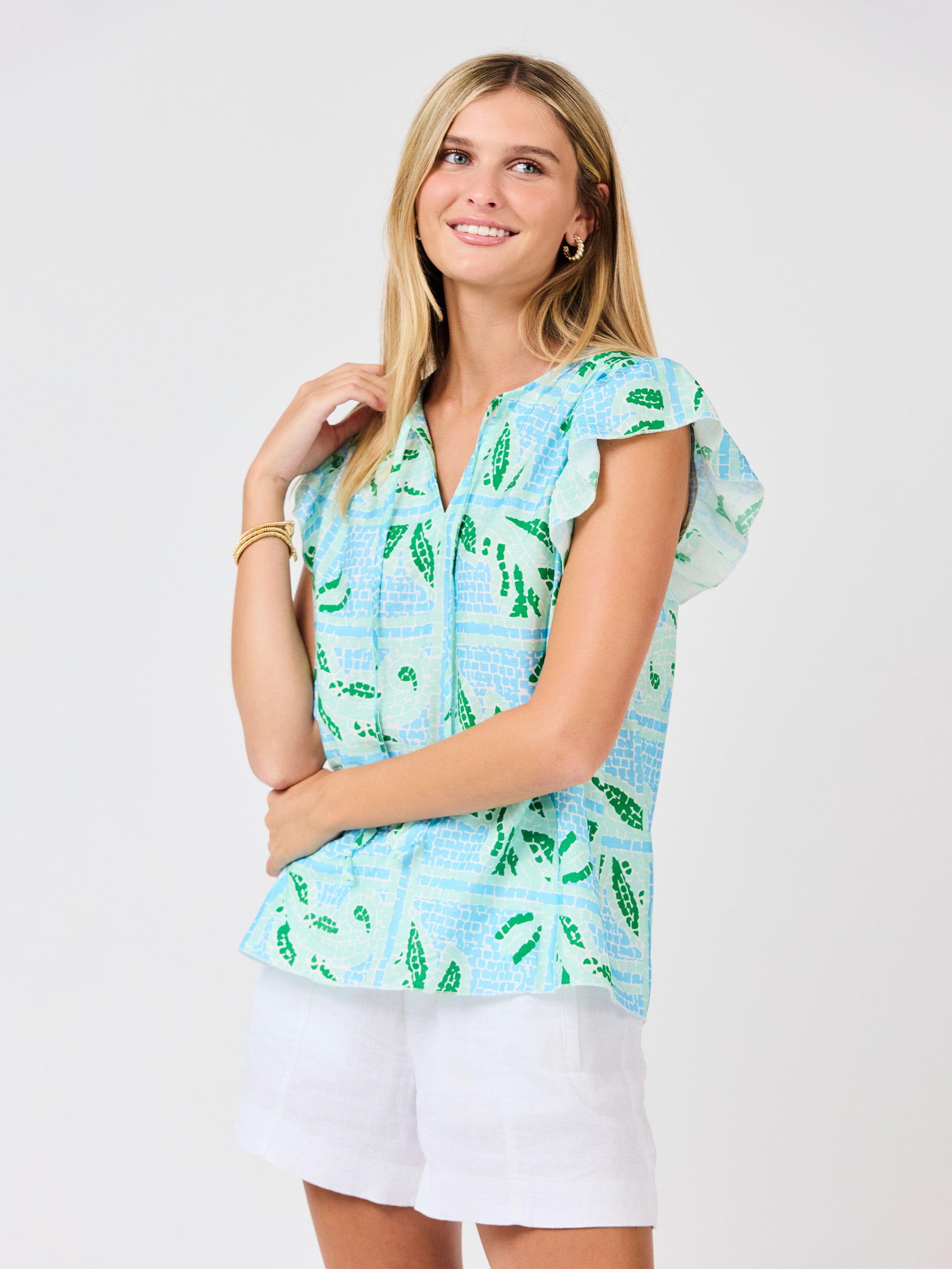Lydia Top | Trellis Tiles Blue – Mary Square