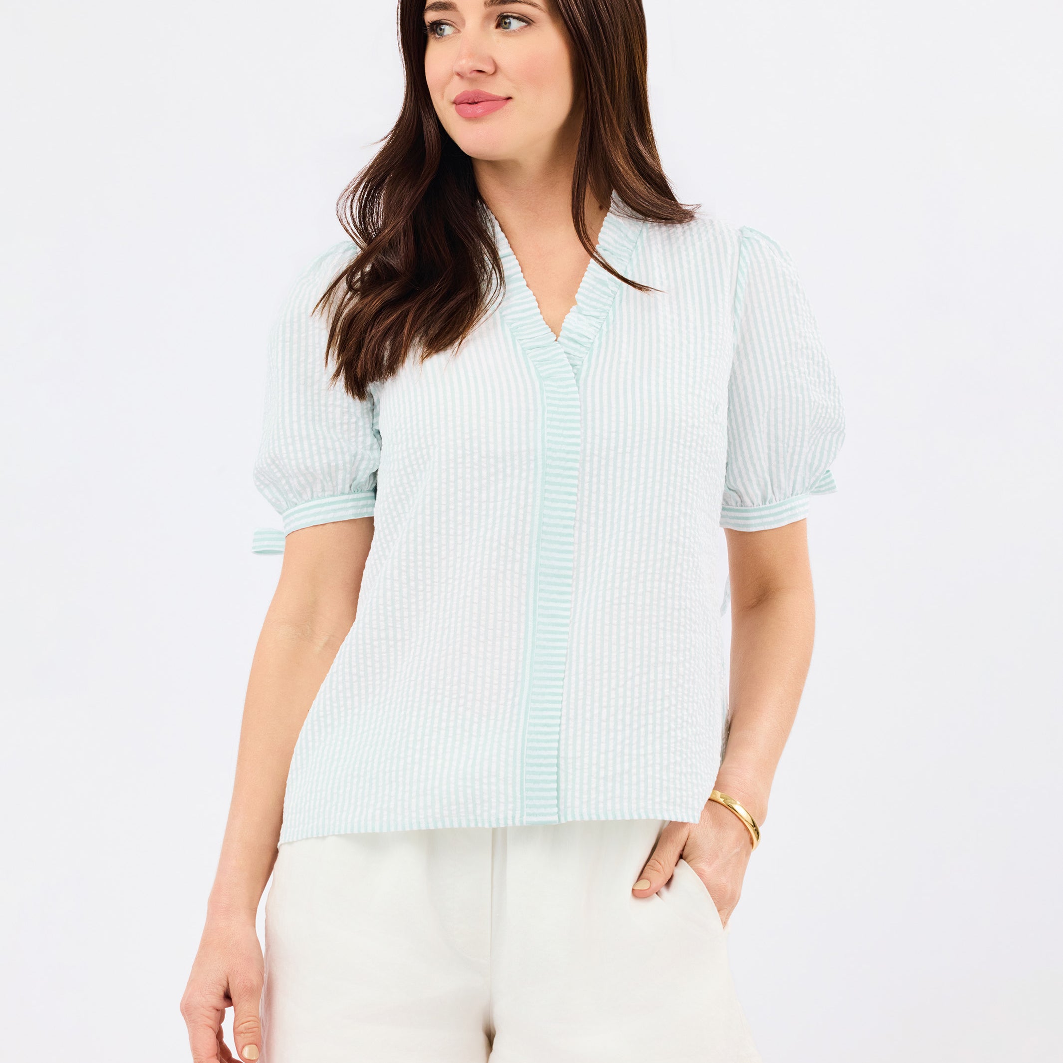 Brynn Top | Seafoam + White Seersucker