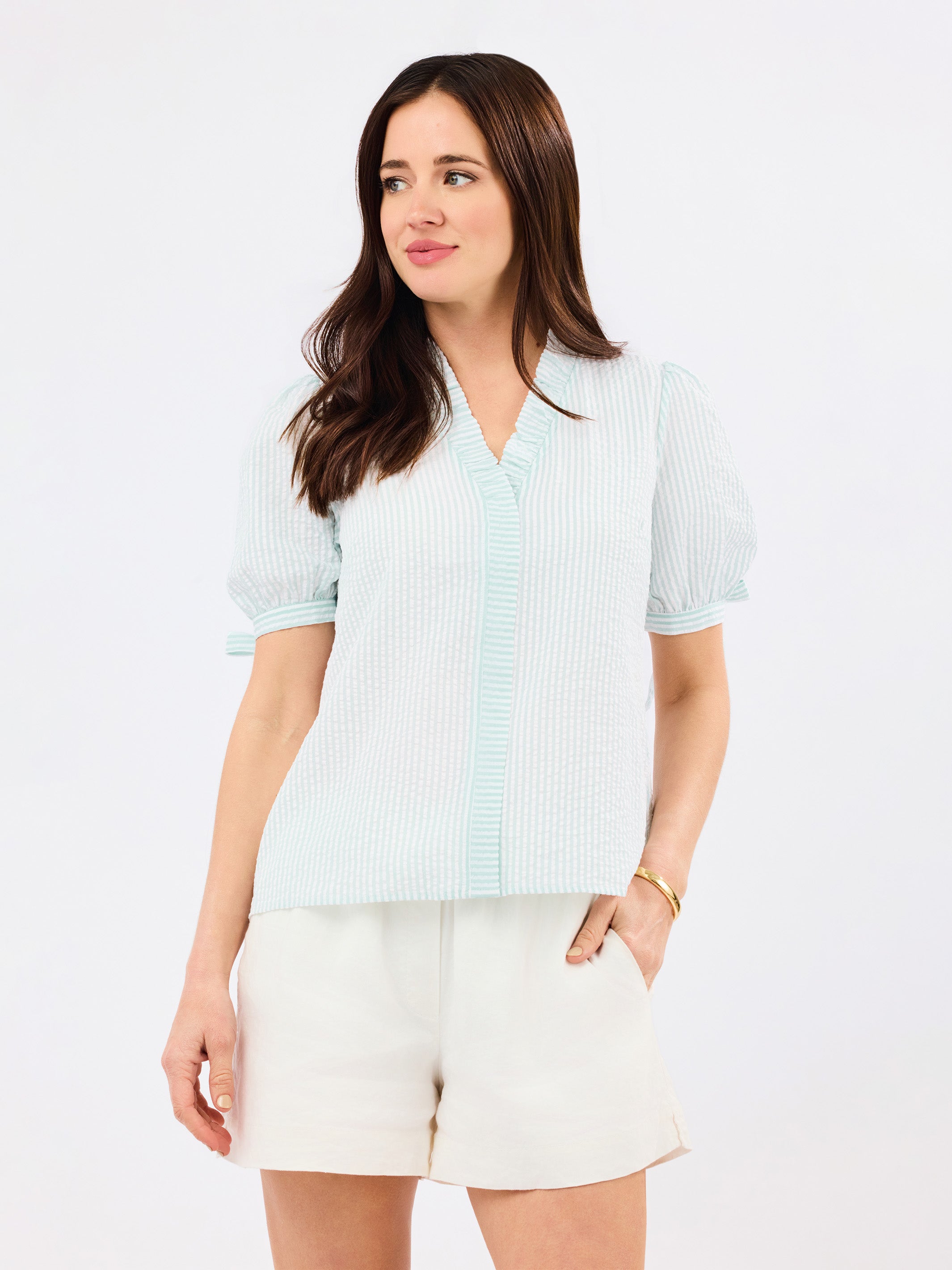 Brynn Top | Seafoam + White Seersucker