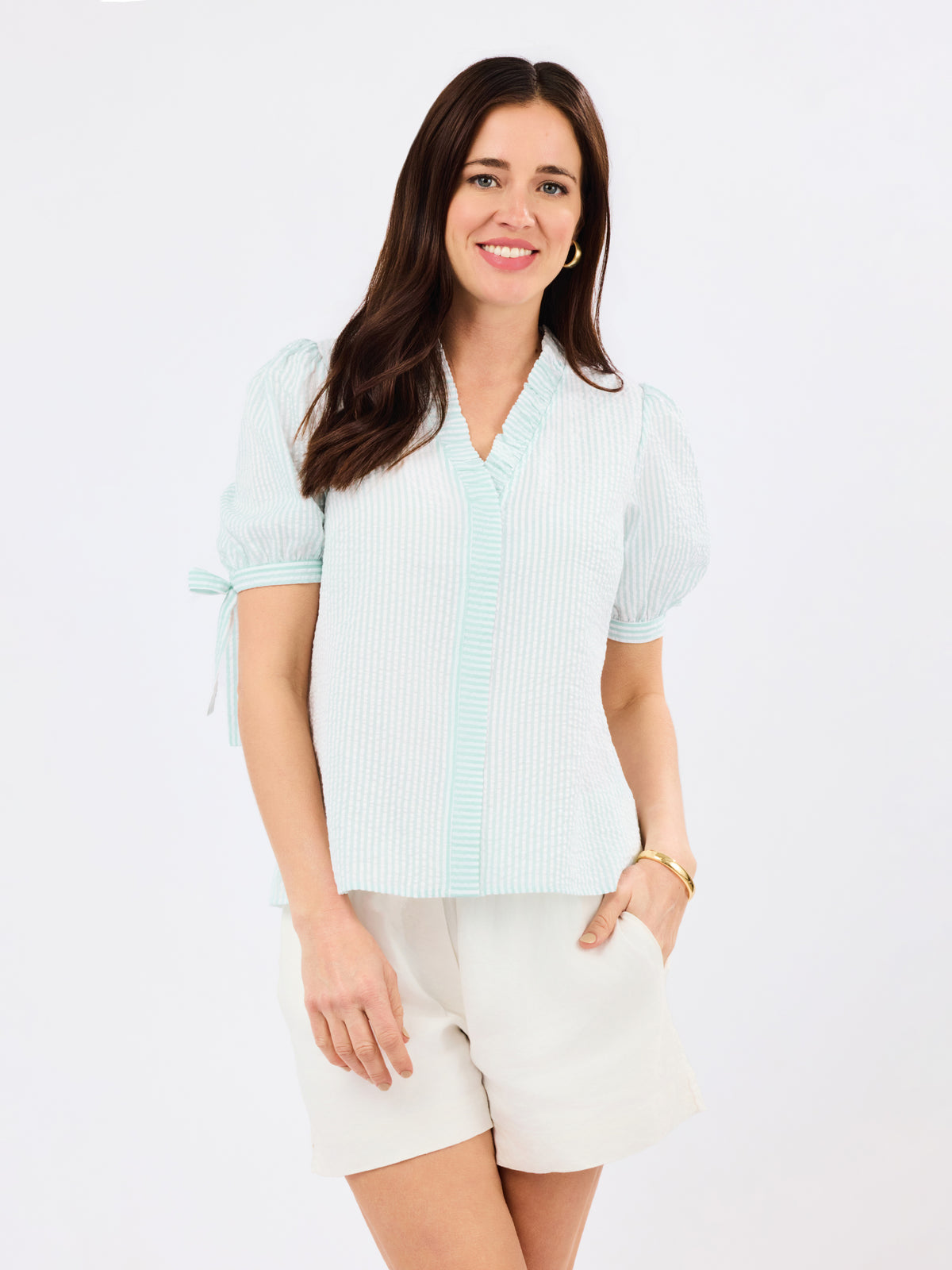 Brynn Top | Seafoam + White Seersucker