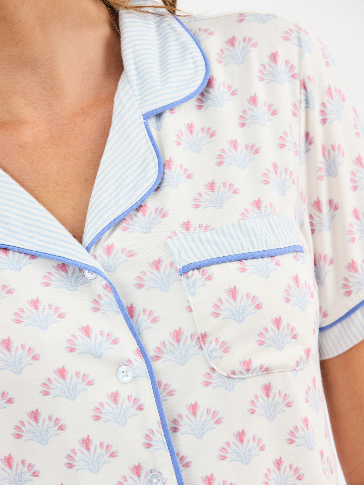 Close-up of a floral patterned pajamas with blue piping