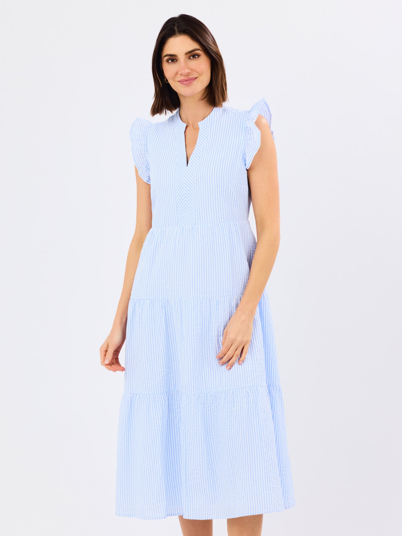 blue and white seersucker dress NAVY & White SEERSUCKER GIRLFRIEND DRESS 3 (S)