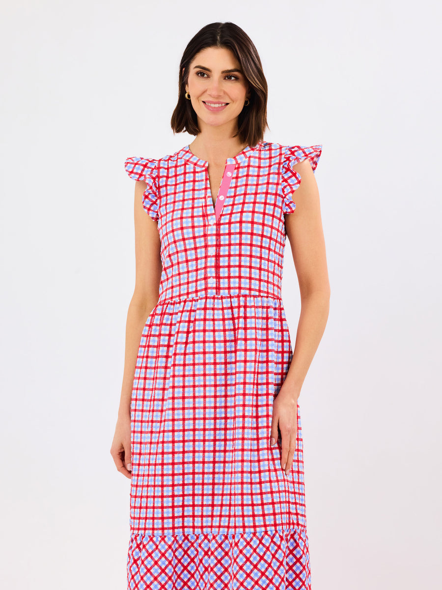 red white and blue gingham dress Women's Pack the Film & Sunscreen Blue Gingham Contrast Trim Midi Dress | Size: L
