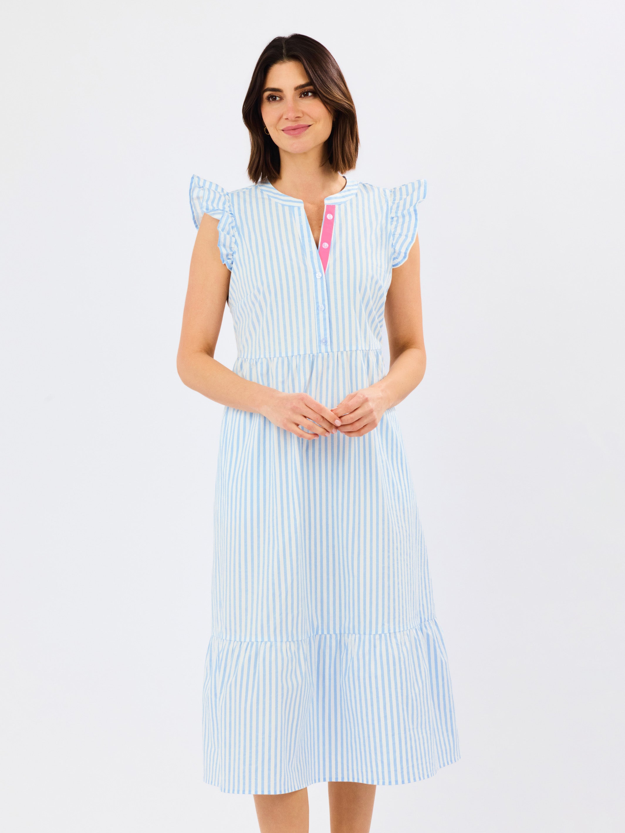 Riley Flutter Sleeve Dress | Pin Stripe Blue