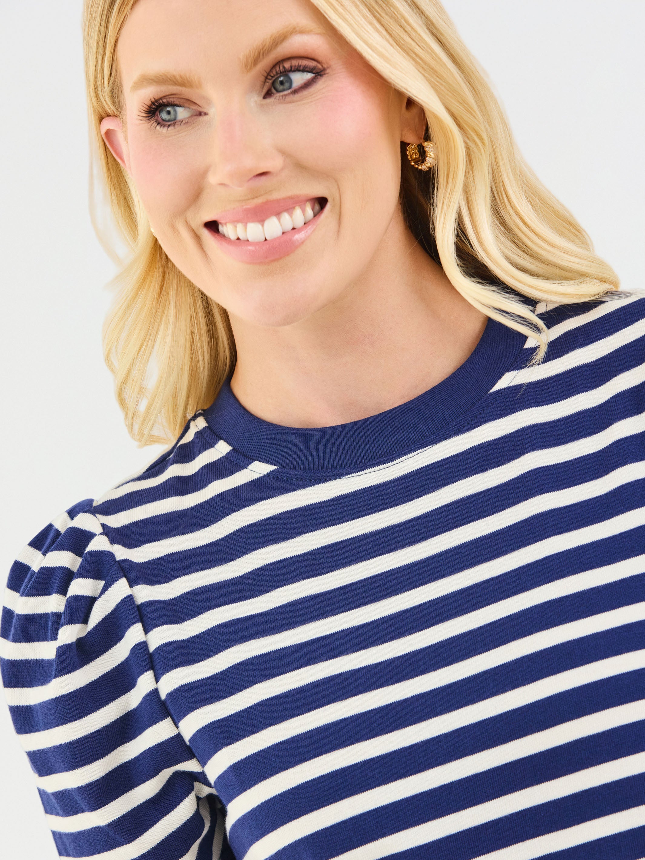 Larissa Pleat Sleeve Tee | Navy + White Stripe