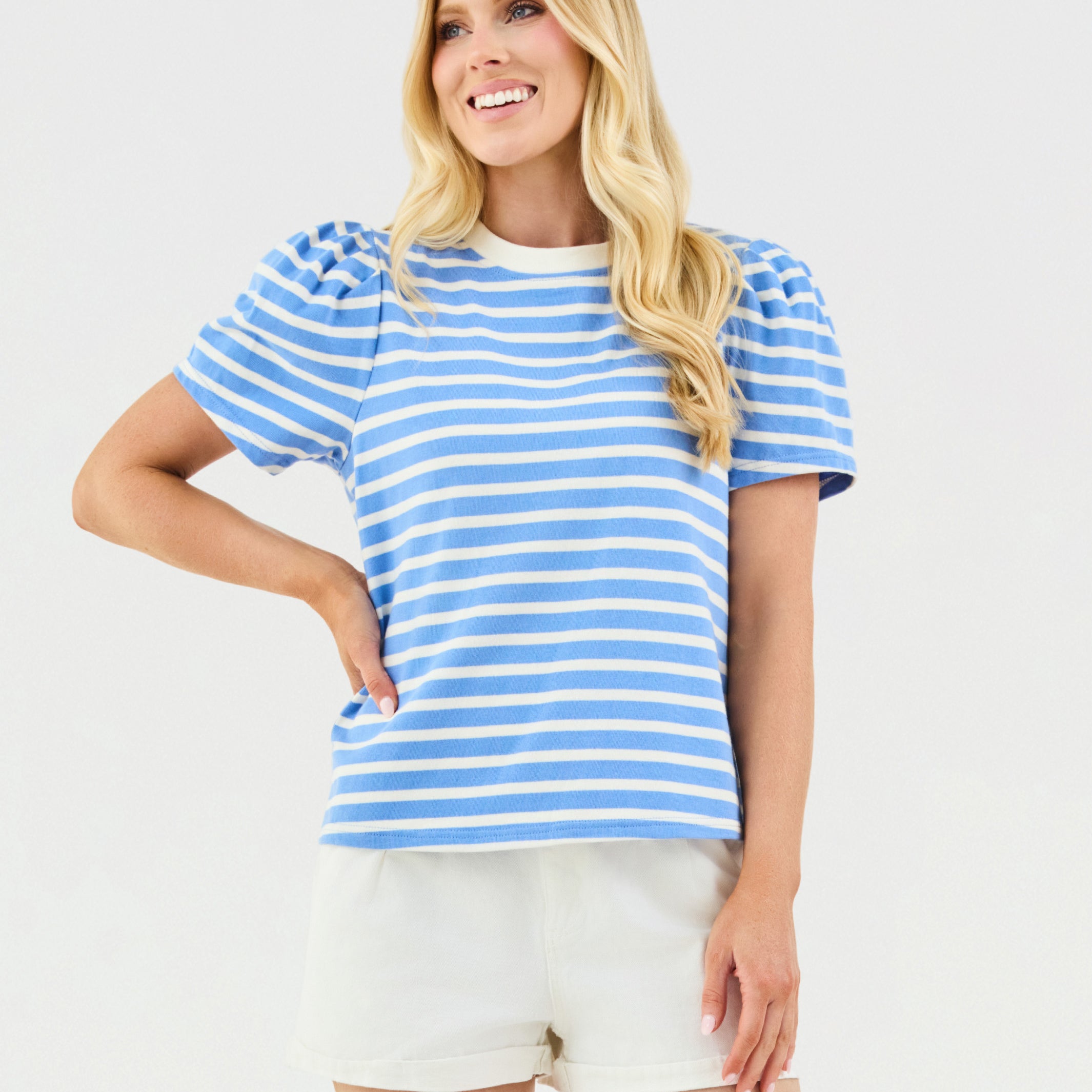 Larissa Pleat Sleeve Tee | Blue + White Stripe