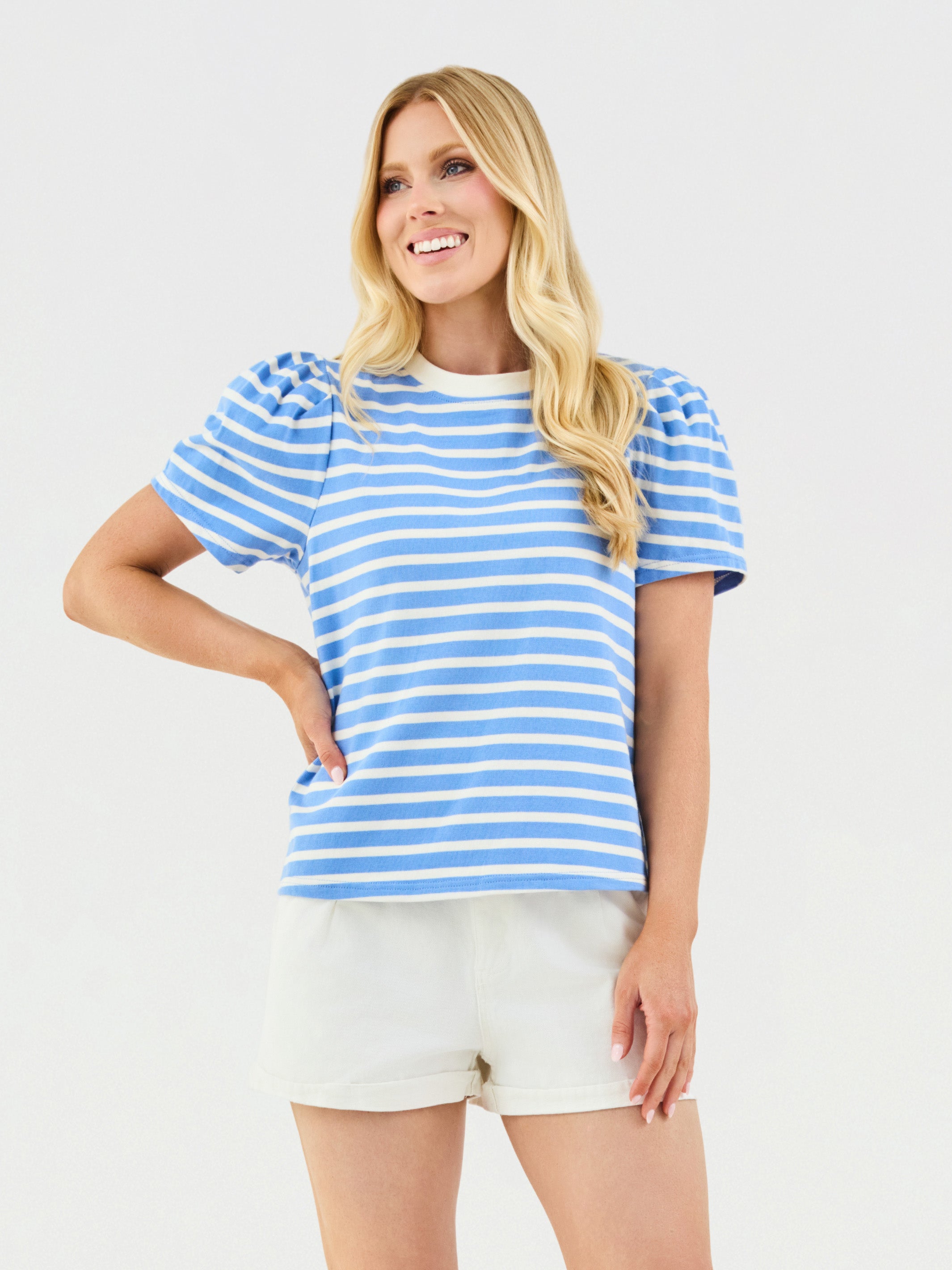 Larissa Pleat Sleeve Tee | Blue + White Stripe