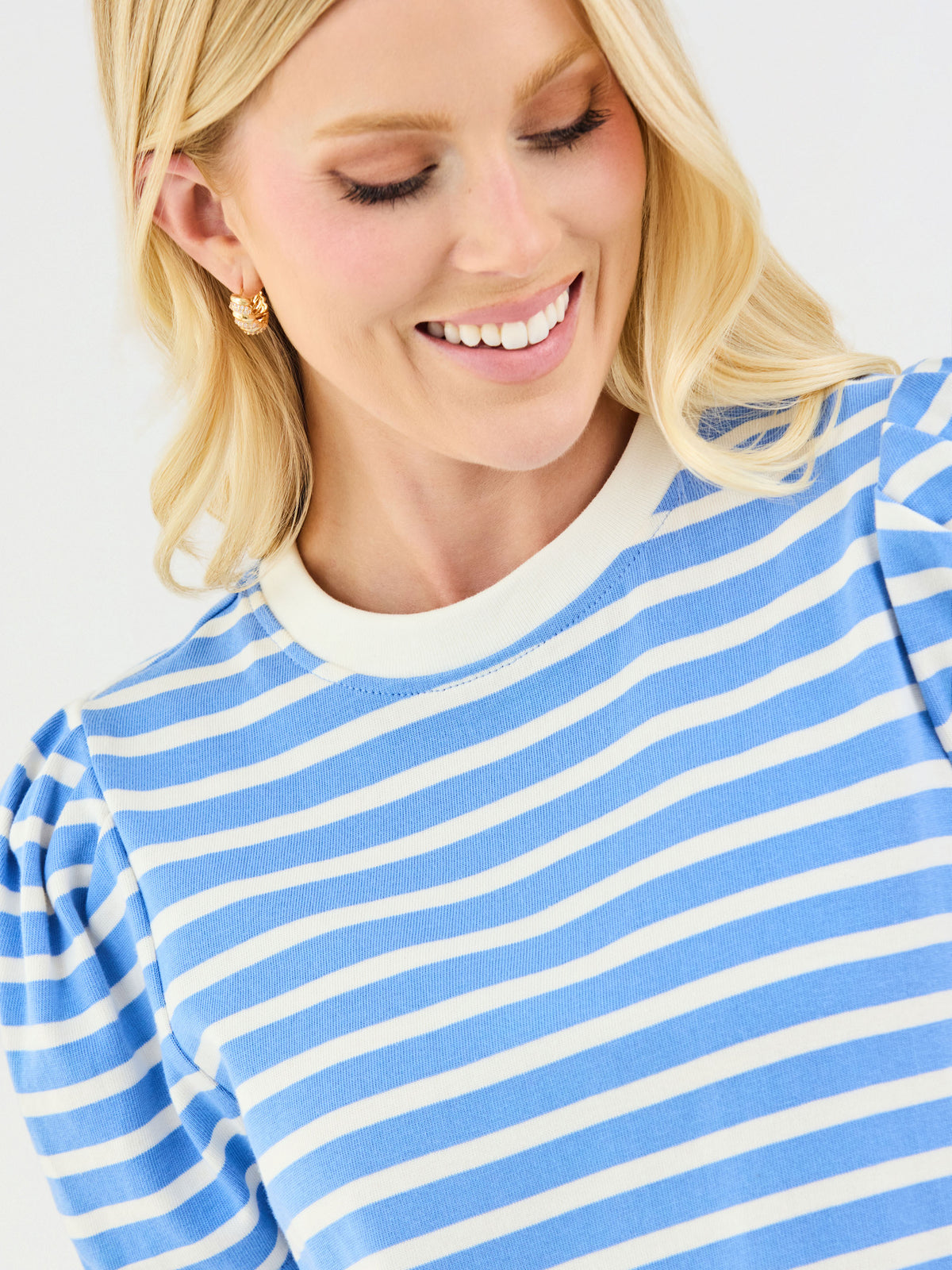 Larissa Pleat Sleeve Tee | Blue + White Stripe