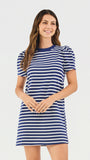 Woman wearing a blue and white striped dress on a white background