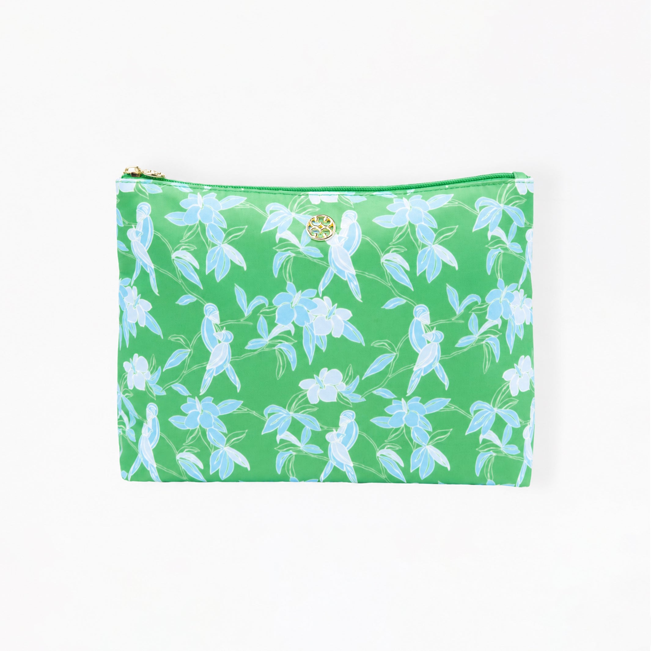 Floral tiki green patterned pouch on a white background
